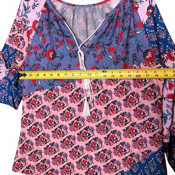 Patchwork Boho Blouse Women's Sz XL Floral Hippie Navy Multi Peasant Fall Colors - Picture 4 of 11